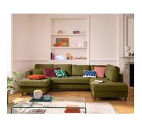 Anna - canapé panoramique d'angle droit 7 places convertible avec coffre en velours texturé - Vert Olive