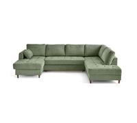 Anna - canapé panoramique d'angle droit 7 places convertible avec coffre en velours texturé - Vert sauge
