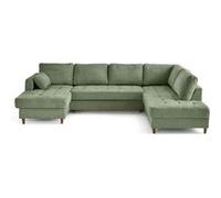Anna - canapé panoramique d'angle droit 7 places convertible avec coffre en velours texturé - Vert sauge