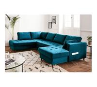 Anna - canapé panoramique d'angle gauche - 7 places - convertible avec coffre - en velours - Bleu canard