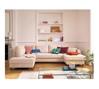 Anna - canapé panoramique d'angle gauche 7 places convertible avec coffre en velours texturé - Beige