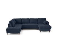 Anna - canapé panoramique d'angle gauche 7 places convertible avec coffre en velours texturé - Bleu