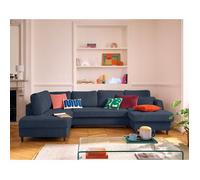 Anna - canapé panoramique d'angle gauche 7 places convertible avec coffre en velours texturé - Bleu