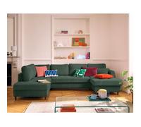 Anna - canapé panoramique d'angle gauche 7 places convertible avec coffre en velours texturé - Vert