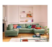 Anna - canapé panoramique d'angle gauche 7 places convertible avec coffre en velours texturé - Vert sauge