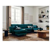 Anna - canapé panoramique en U - 7 places - convertible avec coffre - en velours - Bleu canard