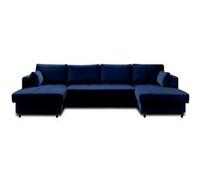 Lisa Design - Canapé Panoramique en U Convertible avec Coffre Anna en Velours - Canapé Lit - Grand Sofa XXL Bleu Nuit 7 Places - Salon