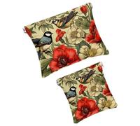 Anna Cowper Lot de 2 petites trousses de maquillage en cuir pour sacs à main, pochette de maquillage portable sans fermeture éclair, porte-monnaie, bijoux, pensées d'oiseaux et de fleurs, Multicolore