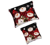 Anna Cowper Lot de 2 petites trousses de maquillage en cuir pour sacs à main, pochette de maquillage portable sans fermeture éclair, porte-monnaie, bijoux, bonhomme de neige de Noël, carreaux rouges,