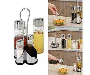 Anna Flowers Set 4 Pcs Huilier Inox Huile Vinaigre Sel Poivre Stand Table Cuisine Salade Maison