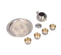 Annadue Ensemble de Théière en Métal Vintage, pour Décoration de Table, Service à thé Marocain avec Tasses, Relief Exquis, Cadeau de thé de Luxe, 4 Tasses, Assiette