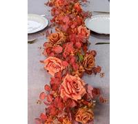 Anna's Whimsy 180 cm Guirlande Fleurs Artificielles de Roses d'eucalyptus, Fausse Fleur avec Gypsophile, Centre de Table Mariage, Guirlande Mariage, Toile de Fond de Table, Orange