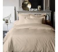 Anne de Solène - Housse de Couette Outlet 140x200cm - Allure - Beige - 100% Satin de Coton - Jacquard Rayé & Uni Réversible - Finition Bouteille - Lit 1 ou 2 Personnes - Lavable 60°C