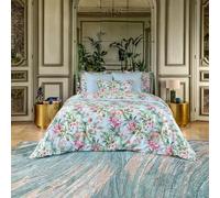 Anne de Solène - Housse de Couette Outlet 240x220cm - Conte - Bleu Rose Vert - Satin de Coton - Tropical Féerique & Rayures Elégantes - Finition Bouteille - Lit 2 Personnes - Lavable 60°C