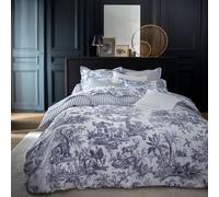 Anne de Solène - Housse de Couette Outlet 260x240cm - 4 Continents - Blanc Bleu - Percale de Coton - Toile de Jouy x Drouault - Finition Bouteille - Lit 2 Personnes - Lavable 60°C