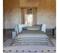 Anne de Solène - Housse de Couette Outlet 260x240cm - Hécate - Bleu Jaune Marron - Satin de Coton - Rayures Graphiques & Mystèrieuses - Finition Bouteille - Lit 2 Personnes - Lavable 60°C