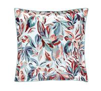 Anne de Solène - Taie d'oreiller 65x65cm - Post Card - Bleu Rose Rouge Vert - 100% Percale de Coton - Feuillages Exotiques & Intenses - Finition Volant Plat 3,5 cm - Lavable 60°C
