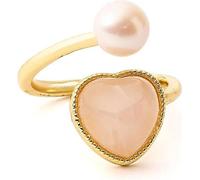 Anneau ajustable avec perle et coeur en quartz rose -- ±2 cm