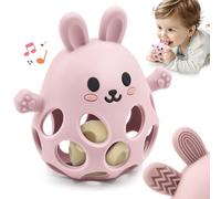 Anneau de Dentition Lapin avec Hochet pour Bébé en Silicone Alimentaire, Facile à Saisir et Doux, Jouet de Dentition Apaisant pour 0 3 6 9 12 18 Mois, Cadeau d'Anniversaire pour Garçon Fille, Rose