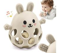 Anneau de Dentition Lapin avec Hochet pour Bébé en Silicone Alimentaire, Facile à Saisir et Doux, Jouet de Dentition Apaisant pour 0 3 6 9 12 18 Mois, Cadeau d'Anniversaire pour Garçon Fille, Beige