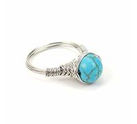 Anneau De Pierre Bague en Pierre Naturelle Bleu Turquoise Couleur Argent Perles Rondes Anneau De Tresse De Travail Manuel À La Mode Déclaration Anneaux Simples Cadeau Saint Valentin pour Femme Pet