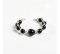 Anneau De Pierre Fil De Cuivre Tresse Obsidienne Bague en Pierre Naturelle Couleur Argent Bague D'Ouverture Réglable Boho Déclaration Anneaux Simples Cadeau Saint Valentin pour Femme Petite Amie
