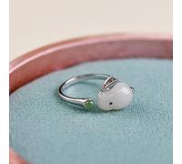 Anneau De Pierre Vert Jade Bague en Pierre Naturelle Lapin Blanc Ouverture Réglable Bague en Argent Vintage Simple Élégant Pierre Anneaux Femmes Saint Valentin Cadeaux Bijoux pour Femme Petite Am