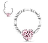 Anneau de septum en argent 16 g avec pierre précieuse en forme de cœur - Boucle d'oreille daith en acier chirurgical de calibre 16 - Petit anneau de nez pour femme - Pierre CZ rose violet - 8 mm 10 mm