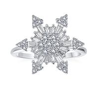 Anneau De Toupie Anti-Stress Flocon De Neige De Noël En Zircone Cubique Claire En Forme De Fleur Pour Femme En Argent Sterling 925.