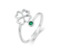 Anneau de trèfle à quatre feuilles chanceux 925 Énoncé en argent sterling empilable Anneau réglable pour femmes Green Emerald Crystal Coeur mignon Love Irish Shamrock Flower Open Wrap Dinger Rings