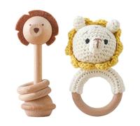 Anneau Dentition Bebe, 2pcs Ensemble de Hochets en Bois pour Bébés Jouet Hochet de Dentition en Bois Anneaux de Dentition en Forme D'Animaux Montessori Jouets Éducatifs pour Garçons Filles