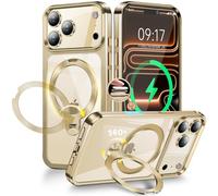 [Anneau en Métal CD& 360° Rotation Support Invisible] Coque Magnétique pour iPhone 17 Pro [Compatible Magsafe] [Pare-Chocs Antichoc Galvanisé] Coque Fine Transparente avec Support - Or de Luxe