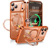 [Anneau en Métal CD& 360° Rotation Support Invisible] Coque Magnétique pour iPhone 17 Pro [Compatible Magsafe] [Pare-Chocs Antichoc Galvanisé] Coque Fine Transparente avec Support - Orange Cosmique