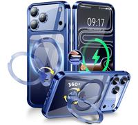 [Anneau en Métal CD& 360° Rotation Support Invisible] Coque Magnétique pour iPhone 17 Pro Max [Compatible Magsafe][Pare-Chocs Antichoc Galvanisé] Coque Fine Transparente avec Support - Bleu Intense