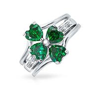 Anneau Ensemble Trèfle à Quatre Feuilles Chanceux Fleur CZ Verte Irlandaise Trèfle Saint Patrick Pour Femmes Adolescents Argent Sterling .925 Zircon Cubique
