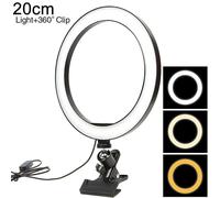 Anneau lumineux avec 3 modes de couleur, rotation à 360°, alimentation USB, clip inclus, tailles 16 cm, 20 cm, 26 cm