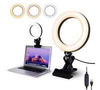 Anneau lumineux idéal comme éclairage pour vidéoconférence, webcam, PC, selfie, maquillage, lampe de chevet, streaming sur YouTube et TikTok, avec pince fixation, 3 modes d’éclairage 10 intensités