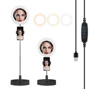 Anneau lumineux LED avec miroir et support pour téléphone ¿ Intensité variable, hauteur réglable, alimentation USB, design portable