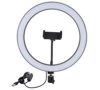 Anneau lumineux selfie LED alimenté par USB avec modes de couleur à intensité variable, trépied, télécommande sans fil et luminosité réglable.