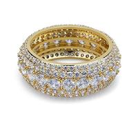 Anneau Moissanite à cinq rangées micro-or 14K, bague pour hommes de style hip-hop, un cadeau brillant pour ceux qui aiment le bling (Gold Yellow, 10)