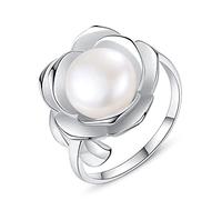 Anneau S925 réglable pour les dames - Perles d'eau douce surdimensionnées 3d Fleurée Polie élégante anneau de doigt ouvert, cadeau de bijoux pour femmes