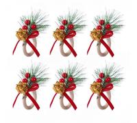 Anneaux à Serviette Noël Set de 6 Pin Baies Ruban Satin 3 cm | Artificial Greenery & Satin Ribbon, 3cm Inner Diameter, Reusable Holiday Decor For Dinner Parties