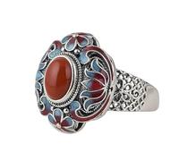 Anneaux, anneau ajusté en sterling pour les femmes en émail en détresse rétro en détresse Cloisonne Lotus incrusté Agate Open Bands de style ethnique bijoux pour usure quotidienne
