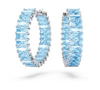 Swarovski Boucles d'oreilles Matrix, anneaux sertis de cristaux taille baguette bleus, en métal rhodié