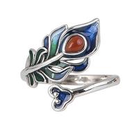 Anneaux pour Bijoux, Bague plume de paon en émail bleu pour femme, argent sterling 925, avec pierre rouge, ajustable et ouverte