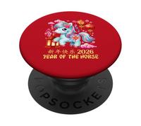 Année du Cheval Chanceux Nouvel an Lunaire Chinois Zodiaque 2026 Rouge PopSockets PopGrip Adhésif