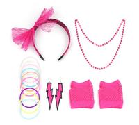 Années 80 Accessoires De Costume Pour Femme,Déguisement Années 80 Femme,Bandeau en Dentelle Boucles D'oreilles Fluo Colliers Fluo Bracelets Gants en Résille Ensemble d'accessoires Rétro Soirée (Rose)