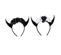Anneome 2 Pièces Bandeau Halloween Cornes de Diable avec Crâne et Fleurs Accessoires et Confortables pour Fête Déguisement Homme et Dame Noir Gris Blanc et Noir Gris