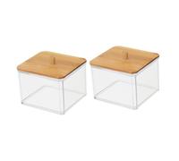 Anneome 2pièces Boîte De Rangement Transparente pour Cotons-tiges Et Tampons Distributeur Cosmétique avec Couvercle Bambou Organisateur pour Salle De Bain Et Maquillage Lot