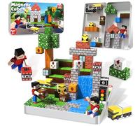 Annexfun Construction Magnétique Enfant 44 Pièces et 1 Personnage dans Boîte Métallique Portable - Chalet et Construction Routière Jeu de Construction Éducatif STEM pour Enfants dès 3+ Ans